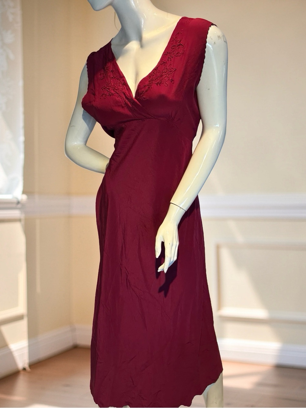 Vintage 30’s-40’s Burgundy Embroidered V-Neck Empire Waist Silk Nightgown